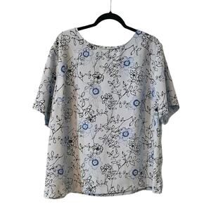 Laura Scott Womens 20W Blue Floral Blouse Short Sleeve Keyhole Button Closure